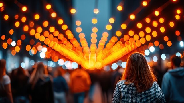A woman stands in a crowd of people, looking up at a lighted display. The lights are orange and create a warm, inviting atmosphere. The woman is enjoying the event and the company of those around her