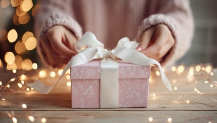 Womans hands tying a white ribbon on a pink gift box, surrounded by festive bokeh lights.