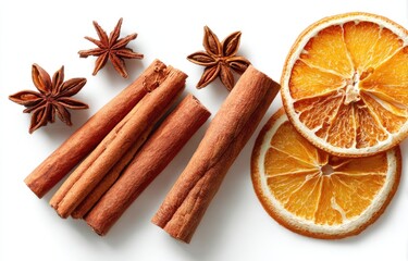 Dried spices and citrus slices on white background