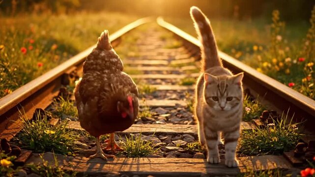 chicken and a playful cat walking side by side on an old railway track at sunset