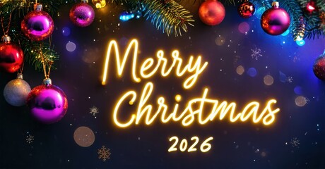 Festive image displays Merry Christmas 2026 text. Ornaments, pine branches, sparkling lights create holiday mood. Bright colors dominate scene.