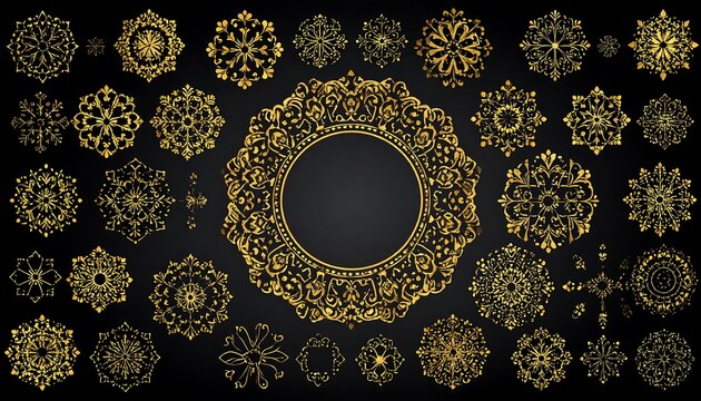 Golden Mandala Ornamental Circle Pattern Collection on Black Background.