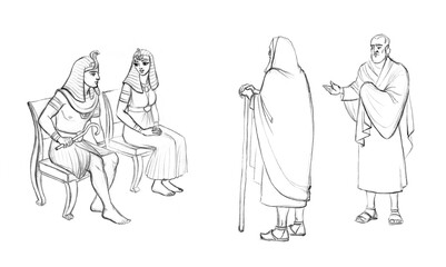 Moses and Aaron before Pharaoh. Pencil drawing