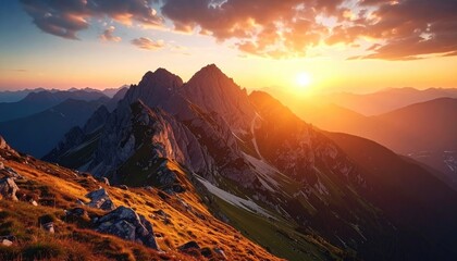 Scenic Mountain Peaks Bathed in Golden Sunlight at Sunset Majestic Natural Landscape Under Dramatic Sky Warm Tones Cinematic Feel Serene Outdoor Exploration and Adventure