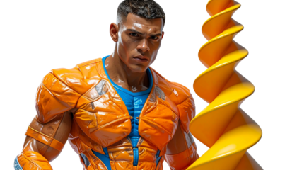 Volumetric 3D Boxer with Embossed Attire and Swirl Helix Cone, Isolated PNG.