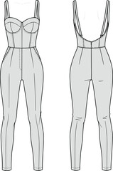 Cad drawing flat vector illustration of fitted corset jumpsuit with spaghetti straps and bustier detail, front and back technical sketch