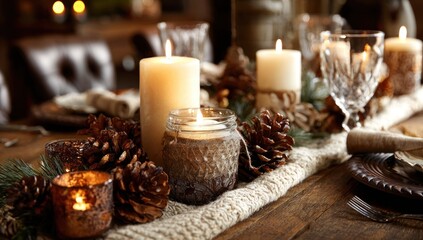 Cozy Autumn Dinner Table Setting with Lit Candles and Pinecones.