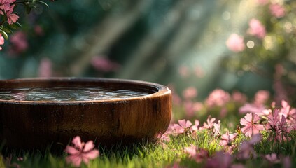 Wooden Bowl of Water in a Lush Garden with Pink Flowers.