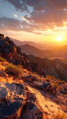 Naklejka premium Scenic Mountain Range with Glowing Sunlight and Dramatic Clouds at Sunrise or Sunset