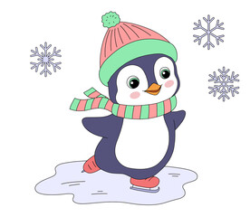 Cute baby penguin, baby animal in red hat and scarf, winter activity, flat illustration for kids