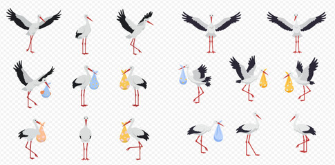 Collection of cartoon storks carrying baby bundles in various poses.