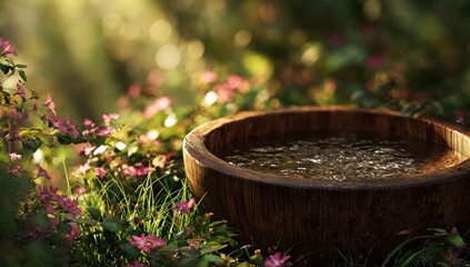 Wooden Hot Tub in Lush Garden with Sunlight and Flowers.