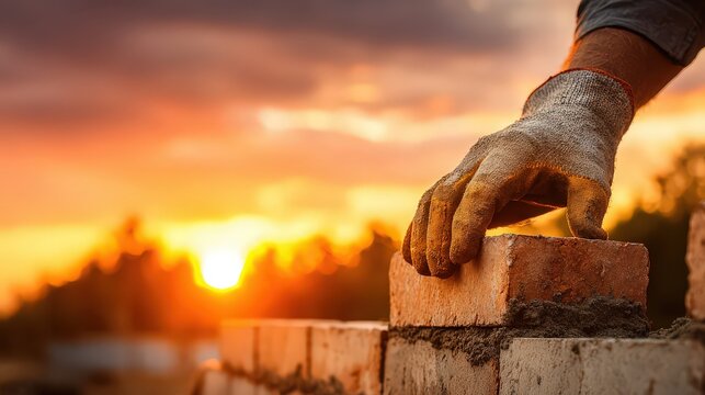 Construction Worker Laying Bricks At Sunset