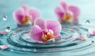 Delicate pink orchids on rippling water, with water droplets and petals