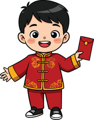 Cartoon boy in traditional Chinese outfit, holding red envelope, celebrating Lunar New Year, cultural festival holiday, cheerful smiling child illustration