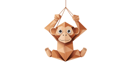 Origami monkey hanging on a rope isolated on a transparent background