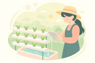 Hydroponic Farmer Using Tablet in Greenhouse (Pastel Illustration)
