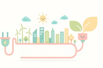 Cute Sustainable City Banner with Plug, Wind Turbines and Recycling