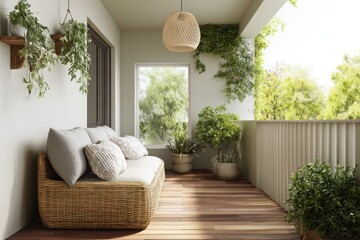 Cozy Balcony Retreat with Rattan Sofa and Lush Greenery.