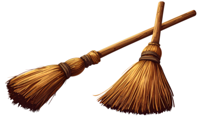 Two Unique Traditional Cleaning Broom Objects, Isolated on Transparent Background.