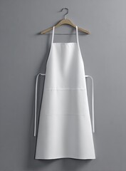 A plain white apron hangs from a wooden hanger against a neutral gray wall