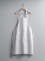 A plain white apron hangs from a wooden hanger against a light gray wall