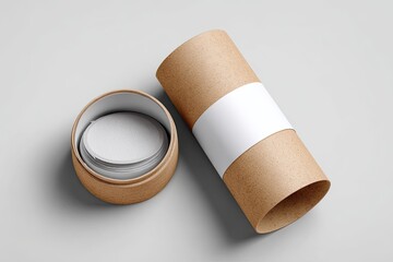 Two light brown cardboard tubes, one open, containing white circular objects
