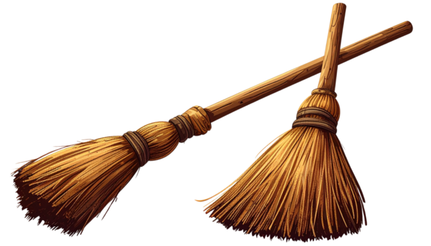 Two Unique Traditional Cleaning Broom Objects, Isolated on Transparent Background.