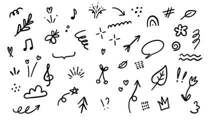 Adobe Illustrator ArtworkSet of hand drawn doodle arrows, hearts, flowers, leaves, dots, spots, scribbles. Vector illustration.