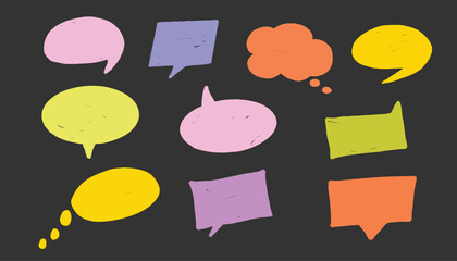 Set of hand drawn speech bubbles. Colorful vector illustration. Isolated on black background.