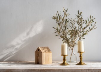 Wooden house, olive branches, and candles on a shelf