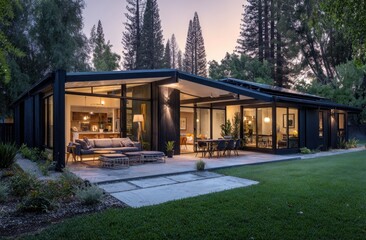 Fototapeta premium Modern Mid-Century Home with Expansive Windows and Lush Green Lawn.