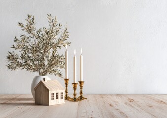 Simple, serene home decor scene.  Wooden house, olive branch, candles in brass holders on a light wood table against a white wall
