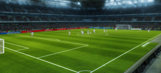 Soccer stadium with lights and a green grass field	
