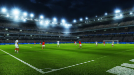 Fototapeta premium Soccer stadium with lights and a green grass field 