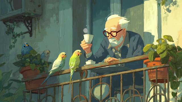 Elderly man sipping tea on balcony surrounded by colorful bird and potted plant basking in warm sunlight creating peaceful calm atmosphere perfect for morning relaxation and serene moments