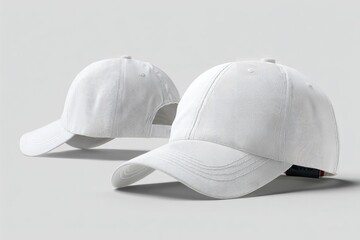 Two blank white baseball caps, one slightly angled, presented on a plain light gray background