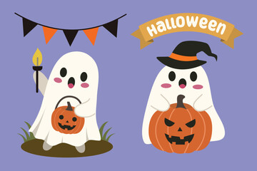 Cute ghosts with halloween pumpkin set Illustration with kawaii hand drawn style for halloween season. Suitable for clip art, stickers, flat design illustration, etc