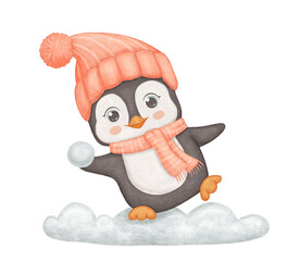 Penguin in red hat and scarf playing snowballs. Cute animal isolated on white background. Childish watercolor winter illustration.