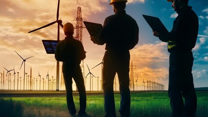 Technical professionals working on laptops near wind turbines during golden hour sunset, representing sustainable energy innovation and collaborative research - Powered by Adobe