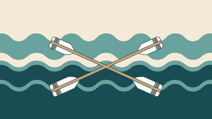 Two crossed paddles over stylized waves in shades of blue and beige in a simple flat design