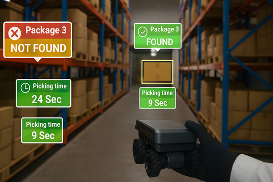 Warehouse package detection system, artificial intelligence parcel tracking interface, smart logistics scanning technology, inventory recognition display, automated shipping analysis, digital warehous