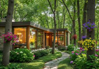 A modern house surrounded by a flower garden, has many glass windows, stone walls, creating an open impression and blending with the surrounding nature.