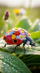 A ladybug decorated with colorful floral patterns on its back, perched on a leaf wet with dew