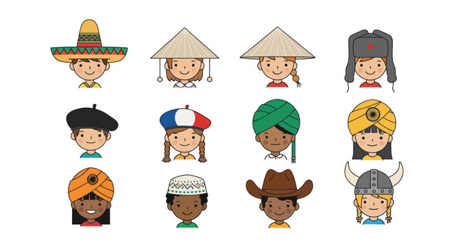 Collection of diverse cartoon children wearing traditional cultural hats from around the world.