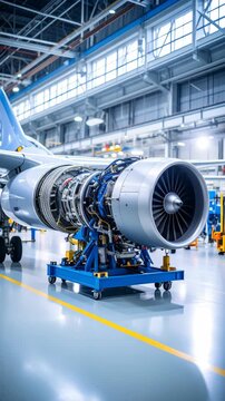 Aircraft engine undergoing maintenance in hangar, industrial machine parts and manufacturing equipment