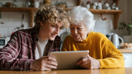 Young woman teaching elderly woman tablet technology in cozy kitchen sharing joyful smiling family bonding and learning moments full of warmth connection and happiness - Powered by Adobe
