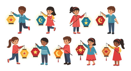 Diverse group of children holding colorful decorative lanterns during a festive celebration. © il