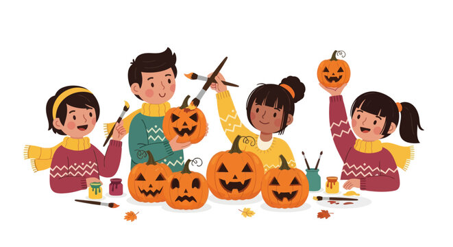Group of Children Carving and Painting Halloween Pumpkins.