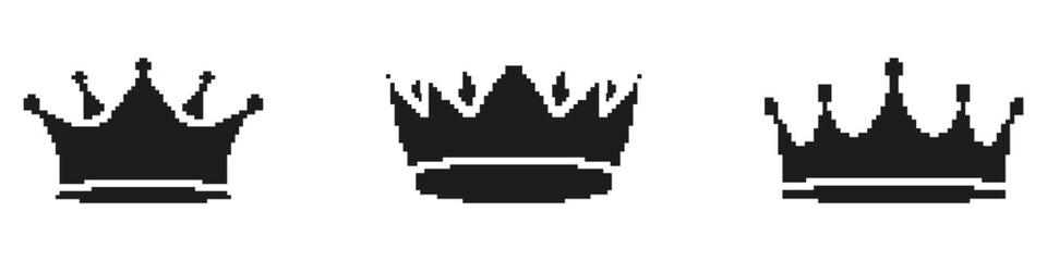 Fototapeta premium Minimal Crown Pixel Icons Pixelated Icon Set. Pixel Art Symbol Collection of Simplified Regal Crowns With Flat Sharp Spikes. Isolated Vector Illustration